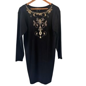 Vtg Carole Little‎ Black Embroidered Beaded Sweater Dress Small Boho Floral